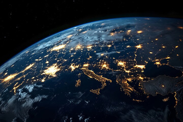 Planet Earth view from space at night. Europe continent's lights. - obrazy, fototapety, plakaty