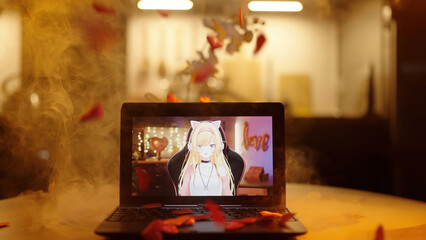 Hearts falling on computer with AI girlfriend anime girl on monitor