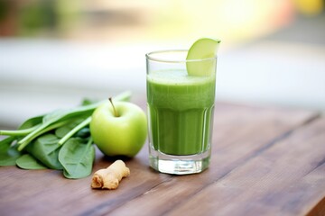 a glass of green juice with spinach, celery, and apple pieces