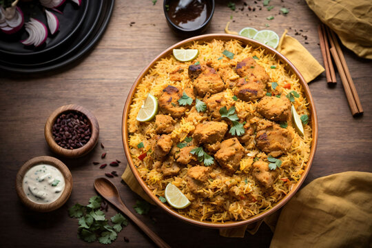 Spicy chicken biryani cuisine in a shiny silver bowl, authentic Indian food, serving fancy food in a restauran