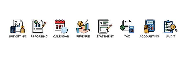 Fiscal year banner web icon vector illustration concept with icon of budgeting, reporting, calendar, revenue, statement, tax, accounting, audit	