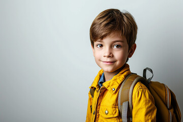 Obraz na płótnie Canvas happy smart little student boy with bag on white isolated background