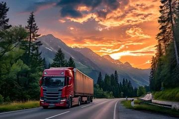 Foto op Aluminium Modern truck on the highway delivers cargo. Beautiful landscape on the background. Logistics and import export concept © CozyDigital