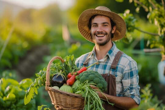Portrait of a happy young farmer holding fresh vegetables in a basket. On a background of nature The concept of biological