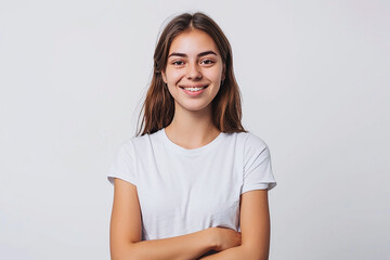 portrait of young woman arm crossed on white isolated background