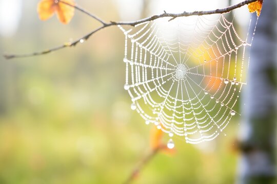 closeup of a spider web with morning dew in the woods