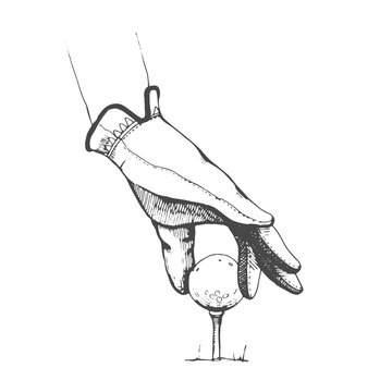Hand on the golf ball. Vector hand-drawn sports equipment. Illustration in sketch style on white background.