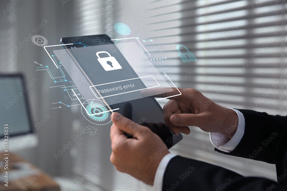 Poster privacy protection. man using tablet in office, closeup. digital login interface with incorrect pass