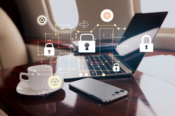 Privacy protection. Digital scheme with padlocks over laptop, smartphone and coffee in airplane