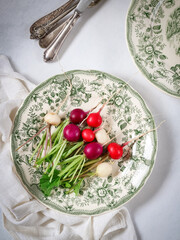 Fresh different color radishes on a beautiful green plate