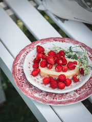 Wild strawberries on a slice of cake served on a white bench in the garden