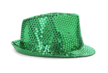 Green sequin hat isolated on white. Saint Patrick's Day accessory