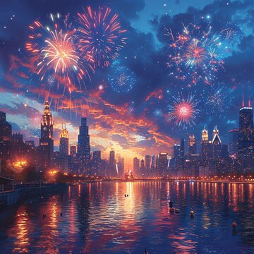 July 4th Fireworks Over Chicago: A Spectacular Skyline Illuminated by Colorful Explosions Generative AI
