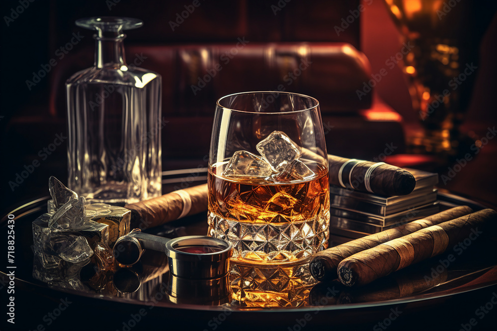 Poster a glass of whiskey with ice and a cuban cigar on a wooden table made with generative ai