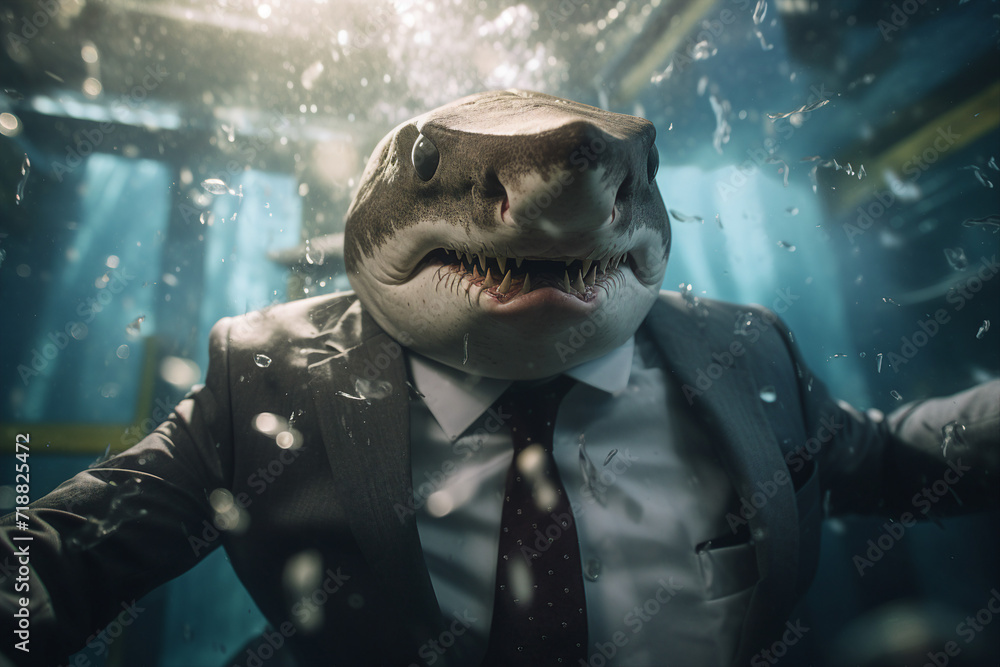 Poster generative ai picture of aggressive angry shark with sharp teeth in suit