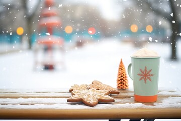 outdoor winter scene with gingerbread latte on a park bench