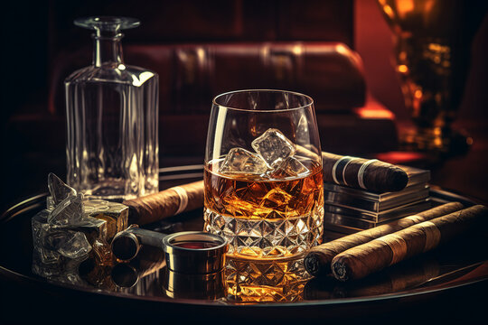 A glass of whiskey with ice and a cuban cigar on a wooden table made with generative AI