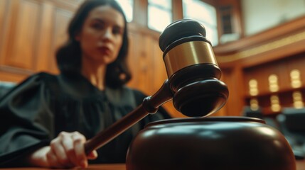 female judge in courtroom with gavel - obrazy, fototapety, plakaty