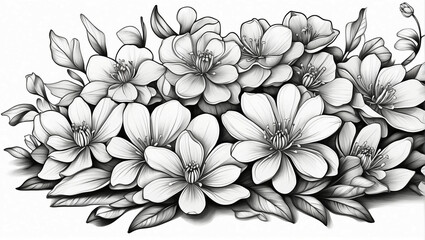 Coloring book page, bunch of exotic flower petals, botanical illustration, Lineart drawing, Black and white, white background only Generated AI