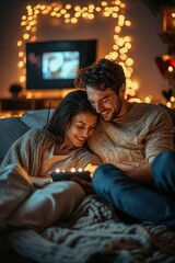 Naklejka premium Cozy couple enjoying time together with a tablet surrounded by Christmas lights.