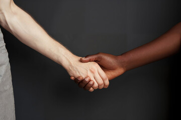 A firm handshake between two individuals from diverse backgrounds.