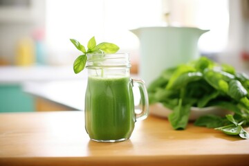 green juice in a glass pitcher on wooden table, mint leaves atop