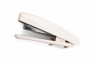 One beige stapler isolated on white, top view