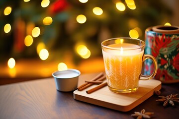 hot toddy on a coaster with a holiday pattern, beside a lit candle