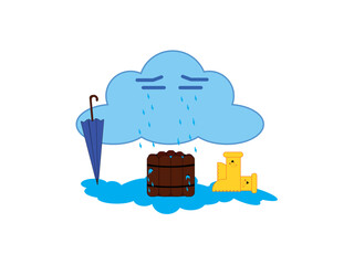 rain cloud with umbrella and wooden barrel in white background vector illustration design