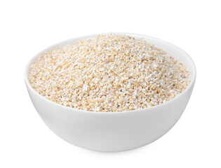 Raw barley groats in bowl isolated on white