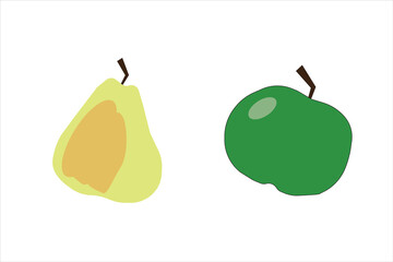 Green apple and yellow pear on a white background. Vector illustration.