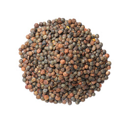 Pile of raw lentils isolated on white, top view