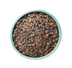 Raw lentils in bowl isolated on white, top view