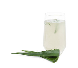 Tasty aloe juice in glass and cut fresh leaves isolated on white
