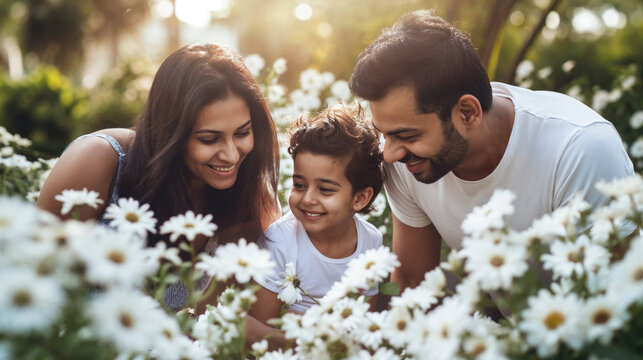 Happy Indian family with a child enjoying a peaceful moment surrounded by white flowers in a lush garden.