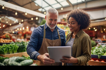 grocer and customer using tablet in market - Powered by Adobe