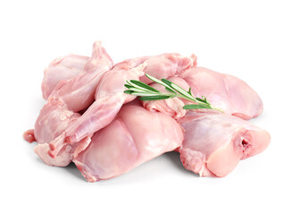 Fresh raw rabbit meat and rosemary isolated on white