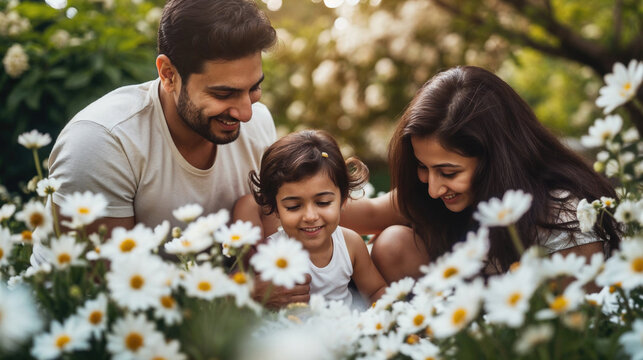 Happy Indian family with a child enjoying a peaceful moment surrounded by white flowers in a lush garden.