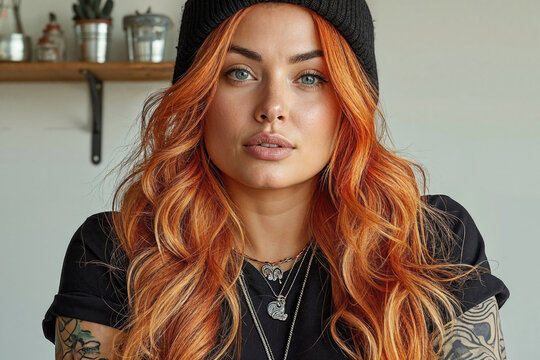 woman with red hair and beanie looking at camera