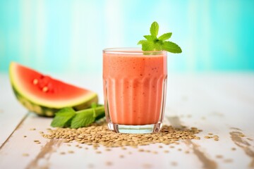 watermelon juice glass with seeds and mint on the side