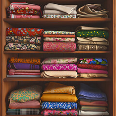 A huge collection of fabric sitting folded neatly in a wardrobe