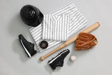 Flat lay composition with baseball uniform on white background