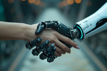 In a close-up frame, the synergy of robotic precision and human warmth converges as hands unite—a symbol of seamless business, partnership, and collaboration