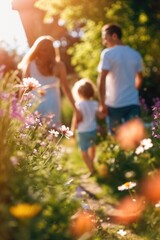 Fototapeta premium Family enjoying a walk in a blooming garden during summer.