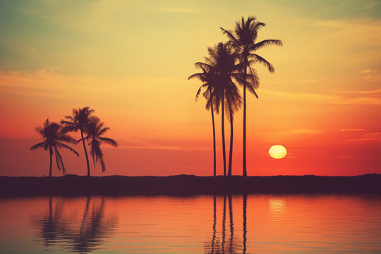 Retro photo effects of tropical island with palms and sunset
