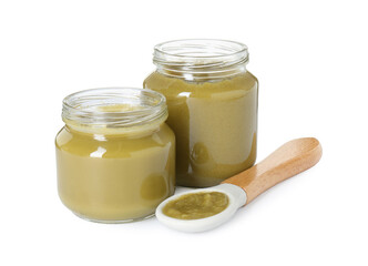 Tasty baby food in jars and spoon isolated on white