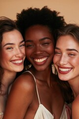 Diverse group of five happy women smiling together in a friendly gathering.