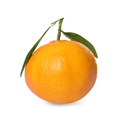 One fresh tangerine with green leaves isolated on white