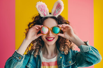 Smiling young woman wearing bunny ears and holding colorful Easter eggs in front of her eyes - 718830004
