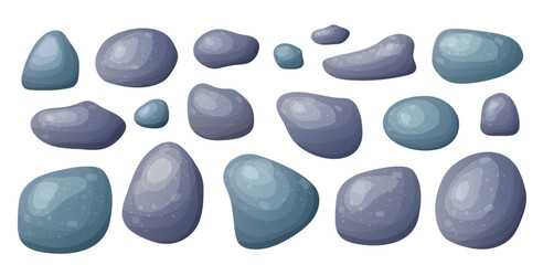 Round smooth pebble stone collection. Organic shape rock isolated. Various form of beach blob, splat. Ocean set vector illustration on white background